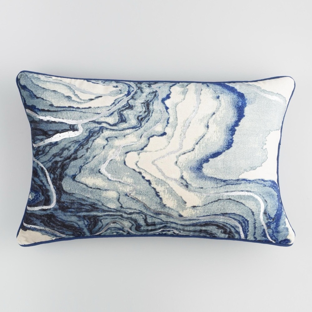Blue and Silver Marble Velvet Throw Accent Lumbar Pillow